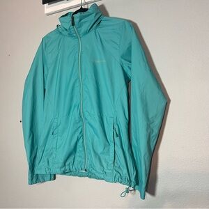Columbia Packable Rain Jacket Bright Blue Womens Size Small Hood Full Zip